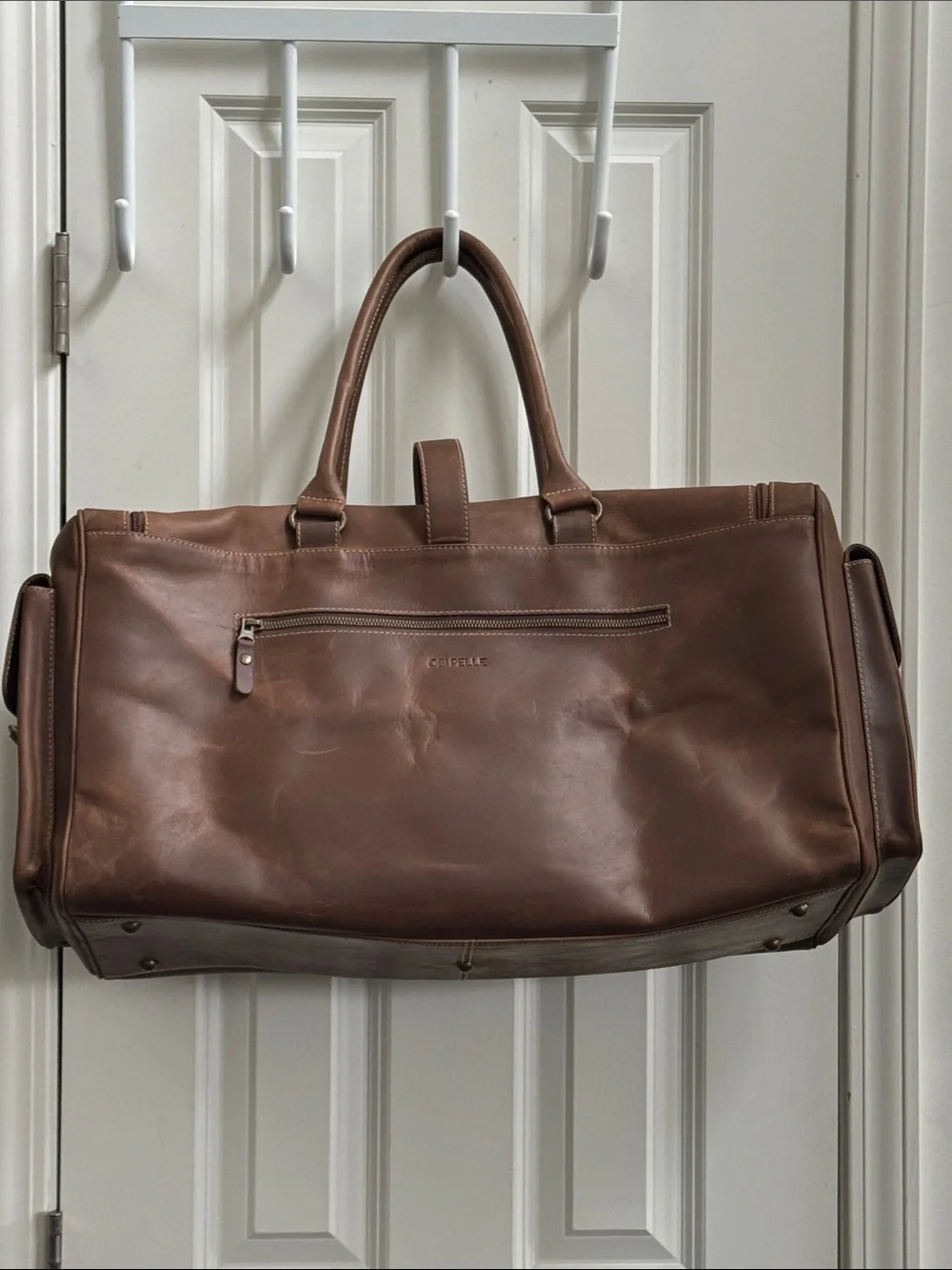 Classic Brown Distressed Leather Duffel Bag with Front Buckle Pocket, no strap